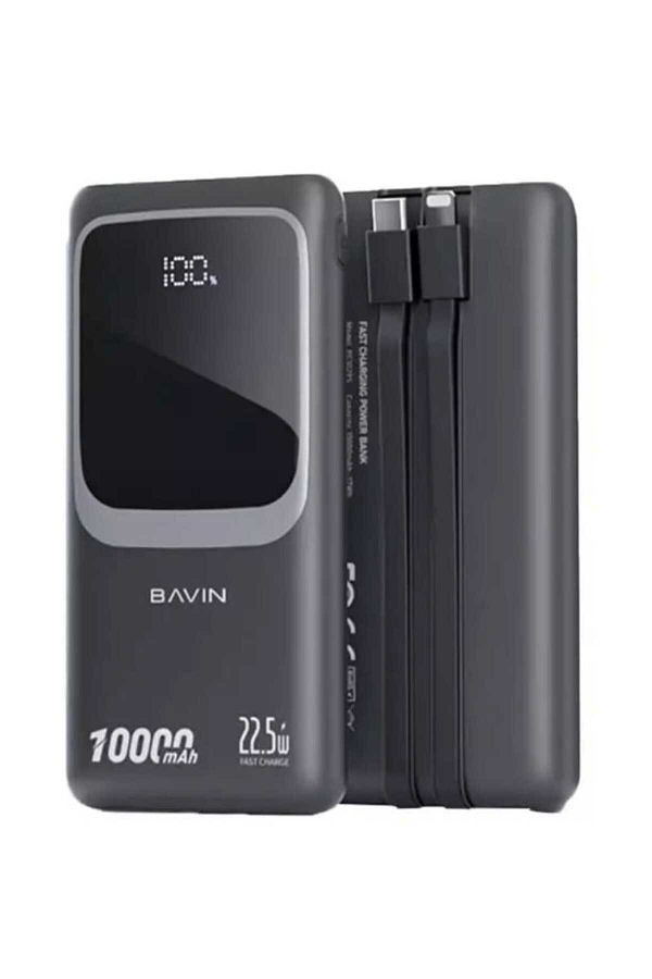 Bavin-10000mAh 22.5W Power Bank with PD Port, USB Port, 2 Built-in Cables, and Display Screen Black 1