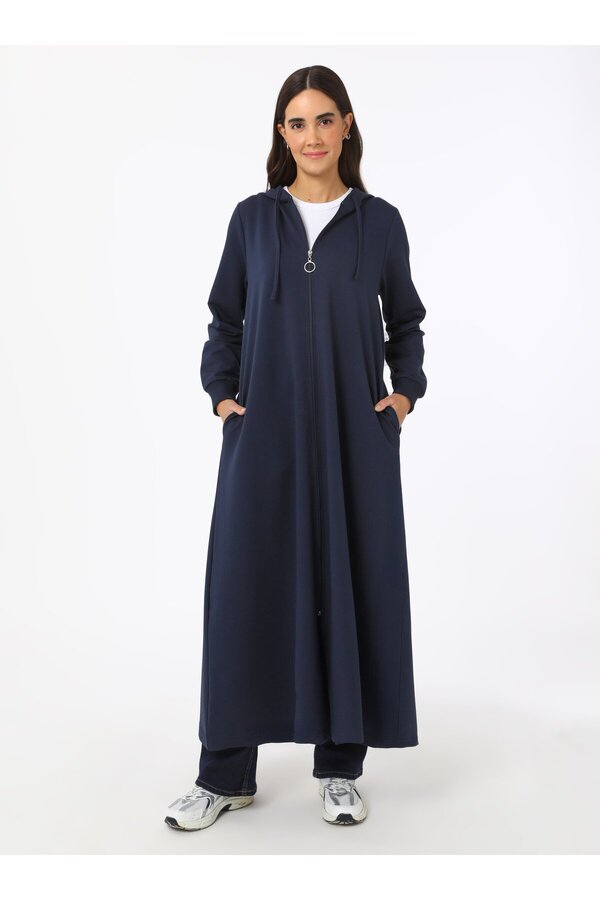 Benin-Hooded Detailed Zippered Sports Overcoat - Navy Blue - Benin 1