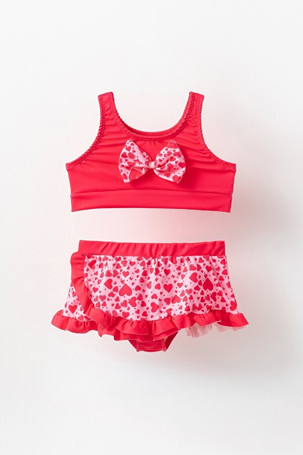 Banamio Nolyna Kalp Desenli Fırfır ve Fiyonk Detaylı Kız Çocuk Mayo Bikini Takım