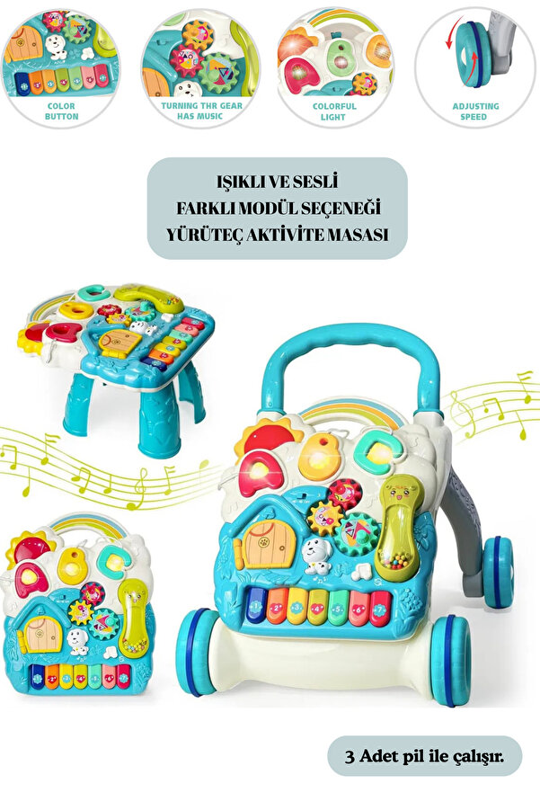 kosetoys Sesli Işıklı Piyanolu Yürüteç Aktivite Oyun Masası 4 in 1 MAVİ