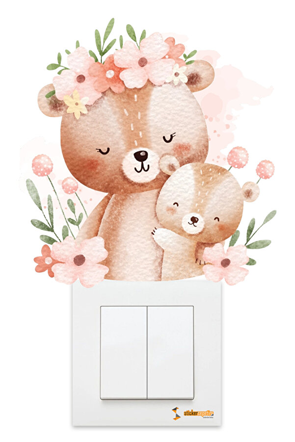 Sticker Sepetim Sevimli Anne ve Yavru Ayıcık Çiçekler Çocuk Odası Duvar Sticker - Priz Sticker