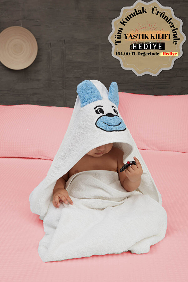 Mislina Home Pupy Bear Pamuklu Kapşonlu Kız-erkek Yenidoğan Bebek Kundak Havlusu Nakış Işlemeli Beyaz 100x100cm