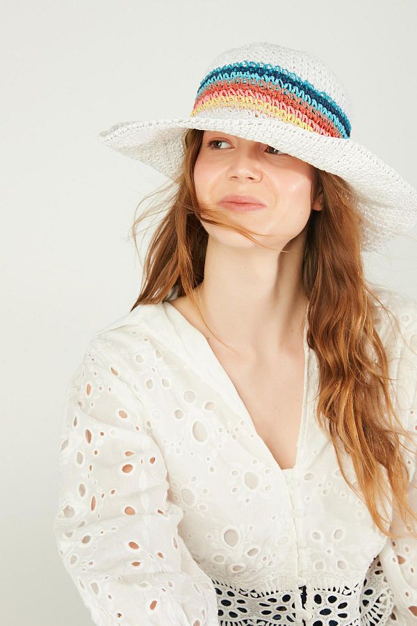 Axesoire-14620 Model White Wide Straw Hat - Braided and Colorful Stripe 1