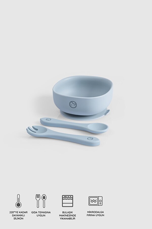 Little Gusto Silikon Vakumlu Mavi Mama Tabağı ve Çatal Kaşık Seti
