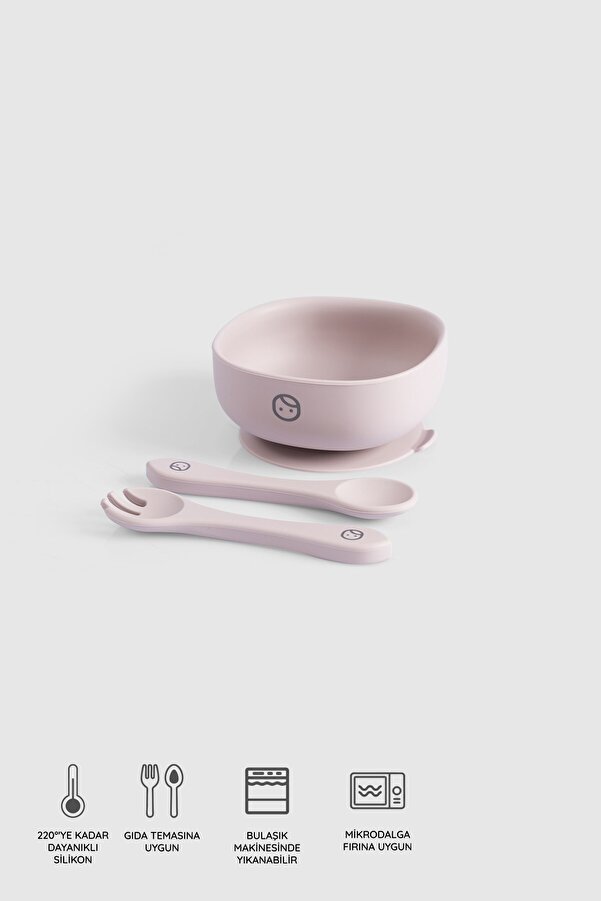 Little Gusto Silikon Vakumlu Pembe Mama Tabağı ve Çatal Kaşık Seti