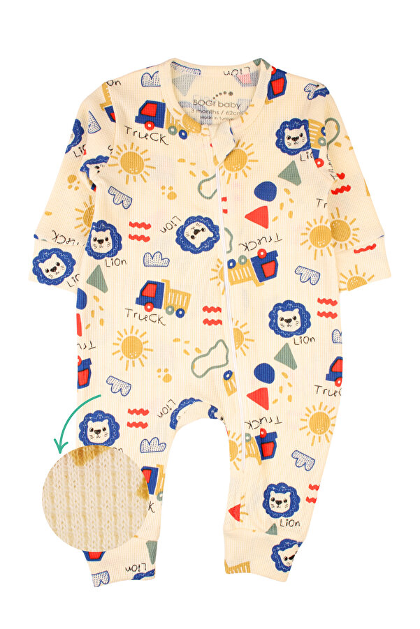 bogibaby Fermuarlı Bebek Tulumu Waffle Kumaş Aslan Baskılı Tulum