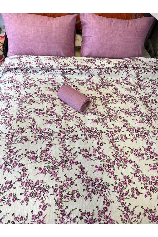 ŞENER HOME-Plum Branch Patterned Sheet Elastic Double Pique Set 1