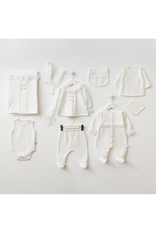 Mert Baby Dantelli Düğme Detaylı 10'lu Organik Hastane Çıkış Seti %100 Pamuk Yenidoğan Kız Bebek