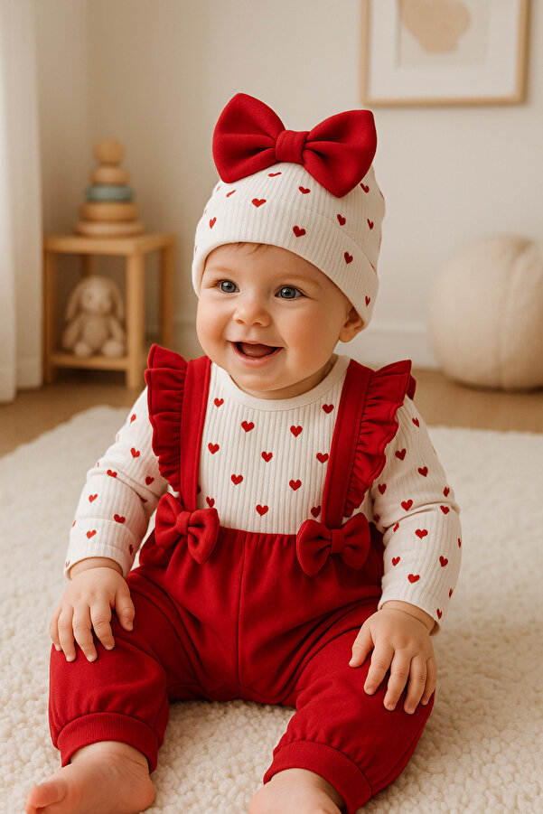 Cherub Baby Bahçıvan Kalp Baskılı Fiyonklu Şapkalı Kız Bebek Tulum Bebek Takım
