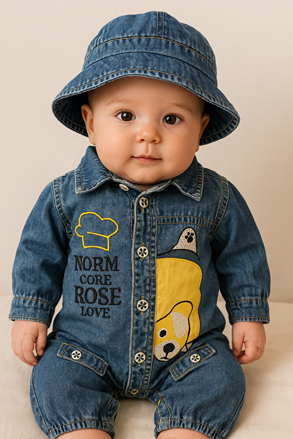 CROCODAYS Erkek Çocuk Bebek Kot (Jeans) Nakışlı Şapkalı Tulum