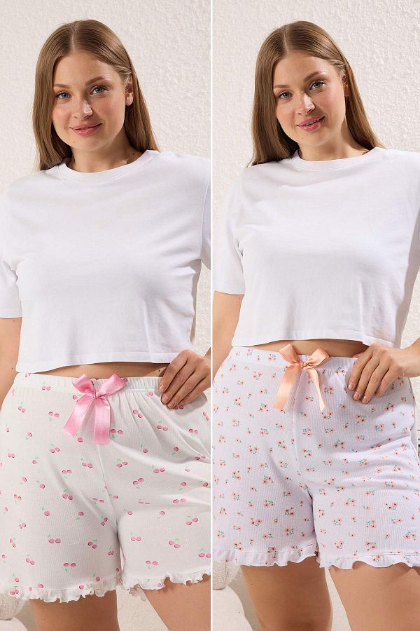 Trendyol Curve-Kirsche & Blume gemustert Rüschen 2er-Pack Camisole gestrickte Pyjamahose TBBSS25IA00007 1
