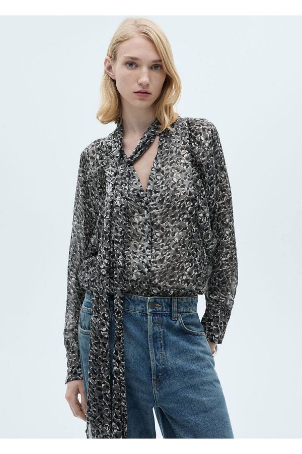 MANGO Woman-Leopard Print Blouse with Ties 1