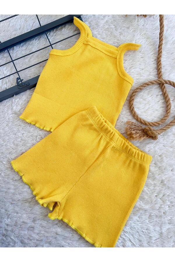 BAHNUR Sarı Bebek Çocuk Fitilli Ribana Crop Takım Alt-üst Yazlık Şort Takım