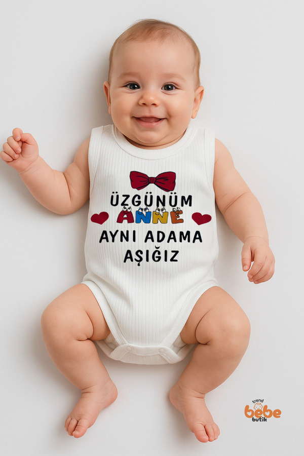 Trend Bebe Butik Üzgünüm Anne Aynı Adama Aşığız Yazılı Kız Bebek Çıtçıtlı Zıbın Body %100 Pamuk Yazlık Atlet Tulum