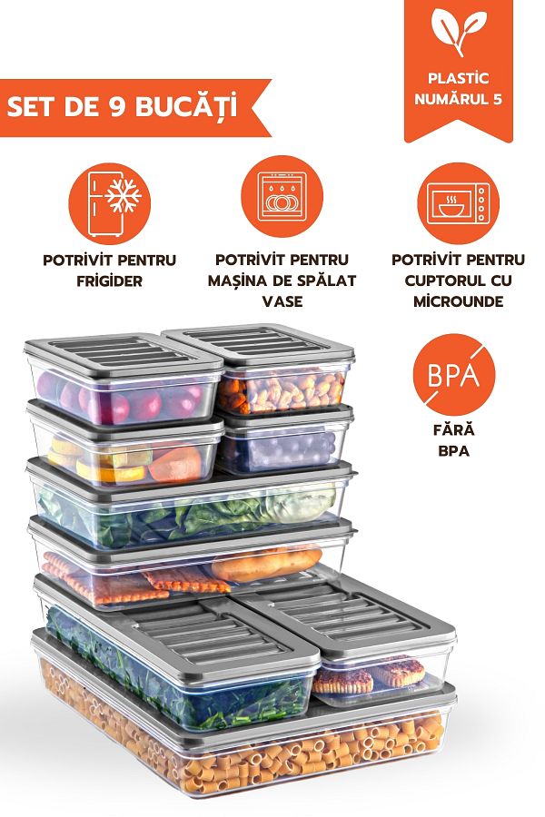 Ginza Maison-Freshbox Set For Food, 9 Boxes With Grey Lid (4X600 ML, 2X1170 ML, 2X2000 ML, 1X2400 ML) 1