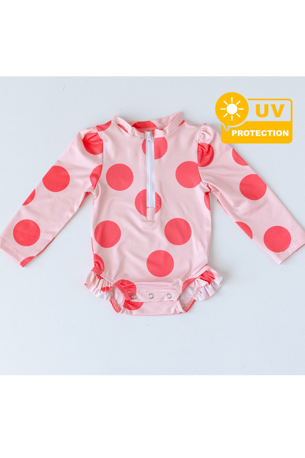 Mama Yoyo Baby Kids Önden Fermuarlı - Alttan Çıtçıtlı Mayo Büyük Puantiye Pembe