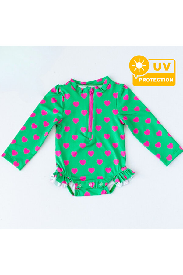 Mama Yoyo Baby Kids Önden Fermuarlı - Alttan Çıtçıtlı Mayo Kalpler Yeşil Pembe