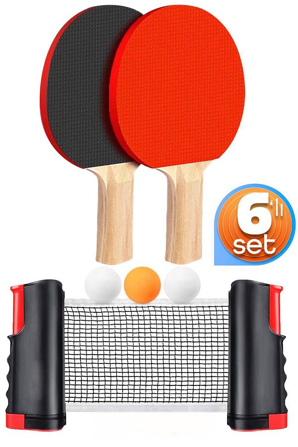Telvesse-Set of 6 Table Tennis Net Racket Ball Set Automatic Tension Ping Pong Net Compatible with All Tables 1