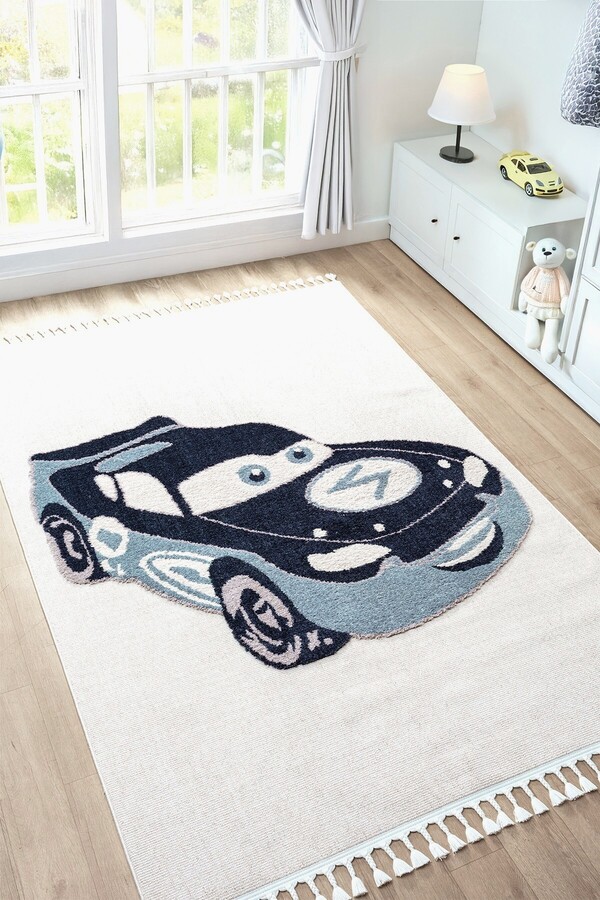Eliz Home Yumuşak Bukleli Krem Mavi Araba Figürlü Dokuma Halı Bebek Odası Çocuk Odası Genç Odası Halısı 14