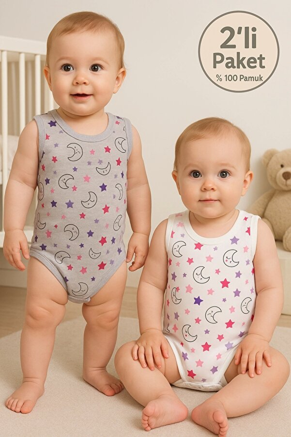 Babydonat Ayyıldız Desenli 2'li Paket % 100 Pamuk Kız Bebek Askılı Body Seti