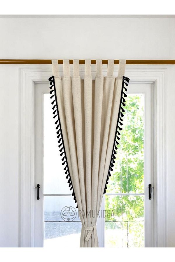 pamukidea-Biritli Black Pompom - Tasseled 100% Cotton Buldan Linen Rustic Curtain - Single Wing - (En X Size) 1