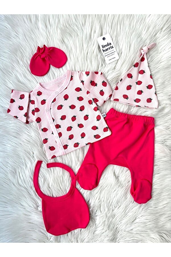 Linda Harris Strawberry Pattern Açık Pembe-Fuşya Yenidoğan Kız Bebek 5’li Hastane Çıkışı Seti