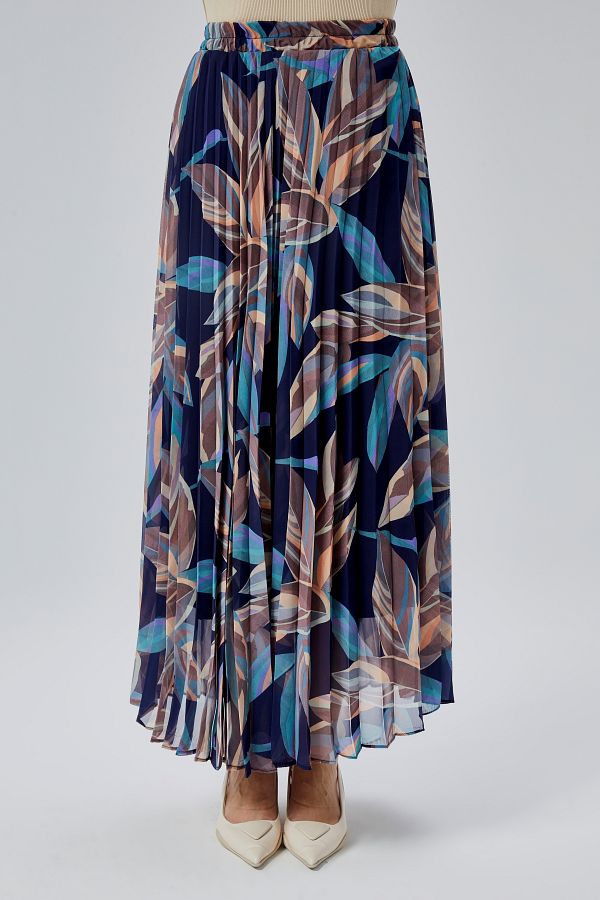 Modabenna-Patterned Lined Pleated Chiffon Skirt with Elastic Waist Pleated 1