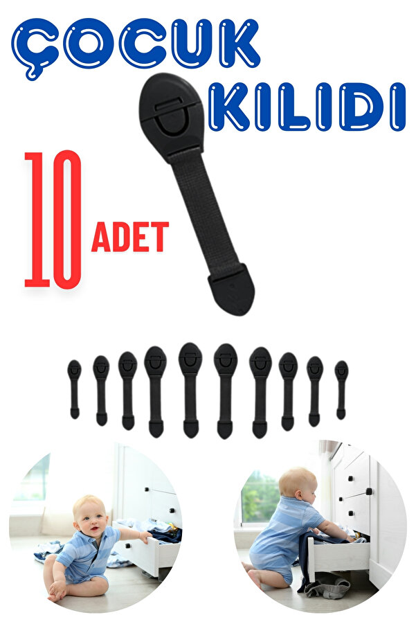 Abuy 10'lu Siyah Bebek & Çocuk Çekmece Kilidi Delme Gerektirmez, Dolap & Çekmece Güvenlik Kilidi