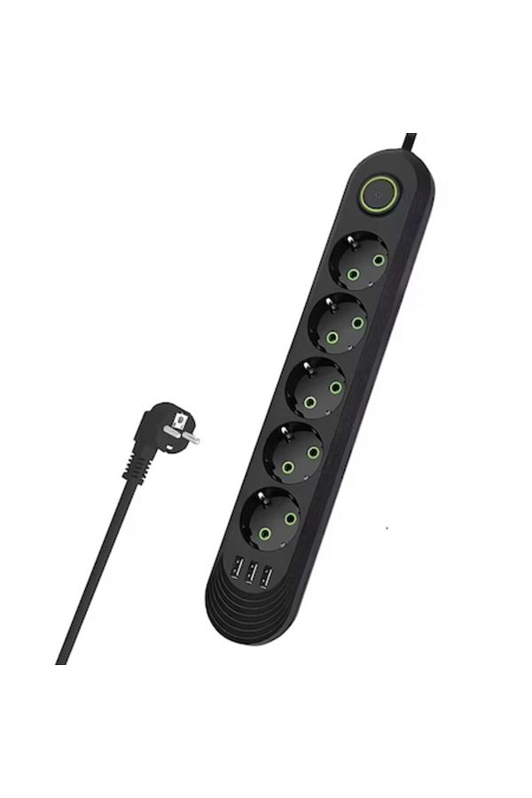 F09-Universal Extension Cord with 5 Sockets and Switch, OPTIM SOLUTION, 3 USB Ports, 3m Cable, Black 1