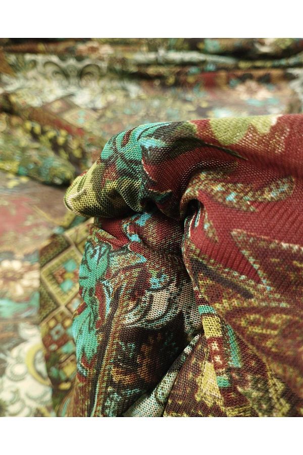 Kumaş Parça-Retro Pattern in Dark Green Brown Cream Colors Mesh Width: 130 1