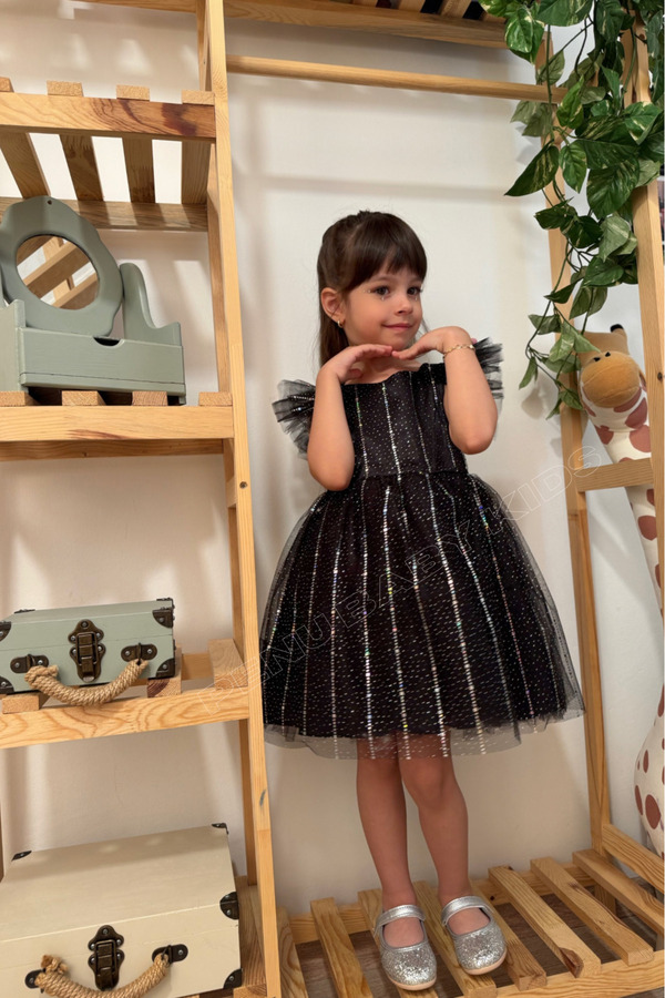 penu baby kids Siyah Yarım Kol Baskı Şeritli Tül Kız Çocuk Kız Bebek Elbise