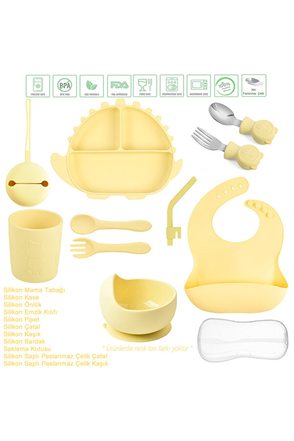 jojobebek Silikon Beslenme Seti, Mama Tabağı, Kase, Emzik Kılıfı, Çatal-Kaşık, Pipet, Bardak, Önlük / Sarı