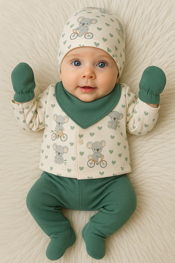 Linda Harris Koala on a Bicycle Pattern Zümrüt Yeşil 5’li Yenidoğan Unisex Bebek Hastane Çıkışı Seti