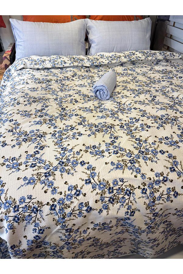 ŞENER HOME-Plum Branch Patterned Sheet Elastic Double Pique Set 1
