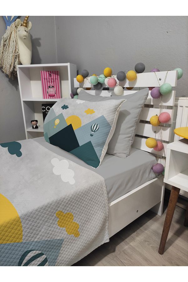 yok yok evim eve dair her şey-4 Piece Colorful Balloons Patterned Single Pique Bedspread Set with Elastic Sheets 1