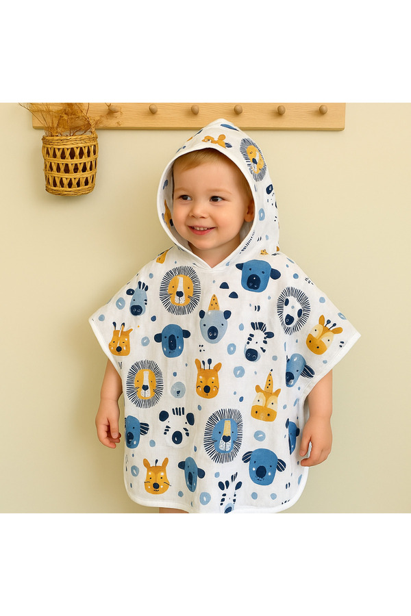 JUNİPERUS Organik %100 Pamuk Müslin Kapşonlu Plaj Çocuk Bebek Panço Bornoz Banyo Havlu 9 Yaşa Kadar