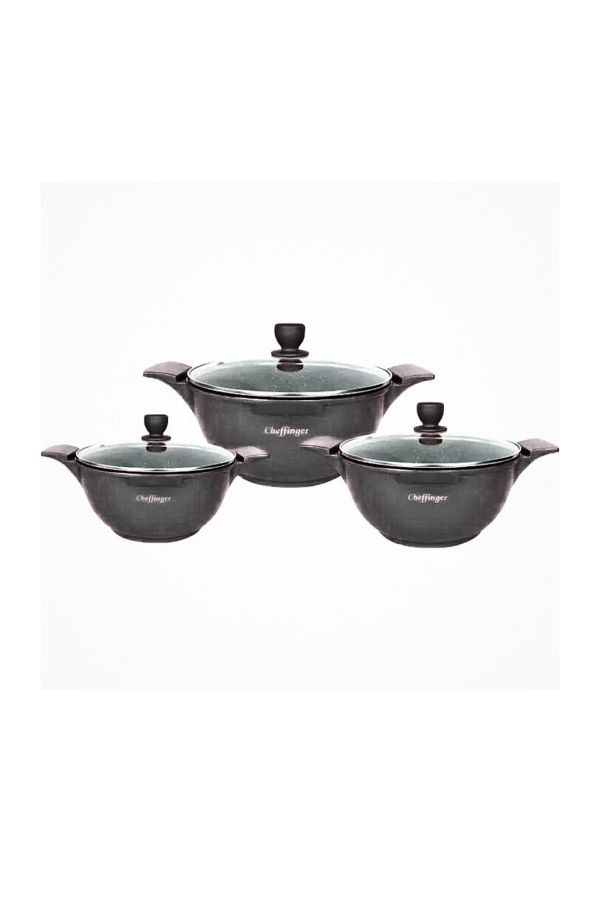 cheffinger-Set of 3 Cheffinger Pans with Lids Non-Stick Marble Coating Black 1