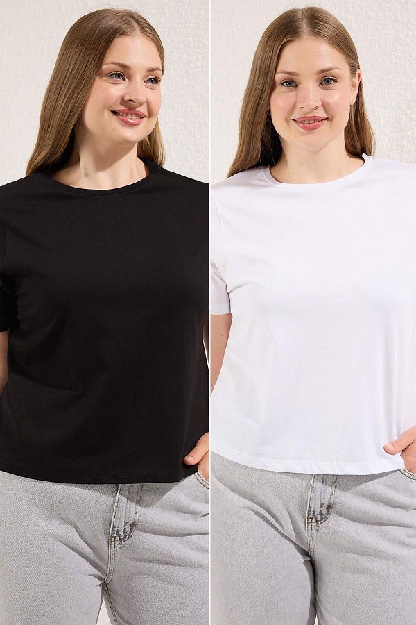 Trendyol Curve-Schwarz-weißes 2er-Pack übergroße Crop-T-Shirts TBBSS25BF00080 1