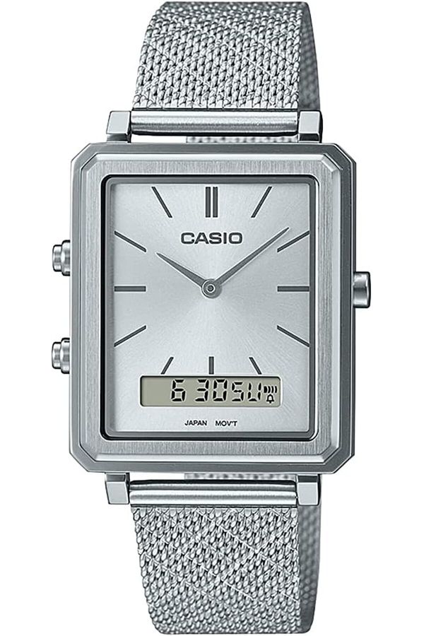 Casio-Analog-Digital Men's Watch with Silver Dial and Stainless Steel Mesh Band by Casio MTP B205M 7EDF 1