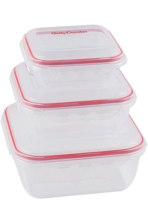 Generic-Betty Crocker 3 Piece Square Storage Container Set,Transparent & Red, 650/1500/2800Ml,BC5024 1