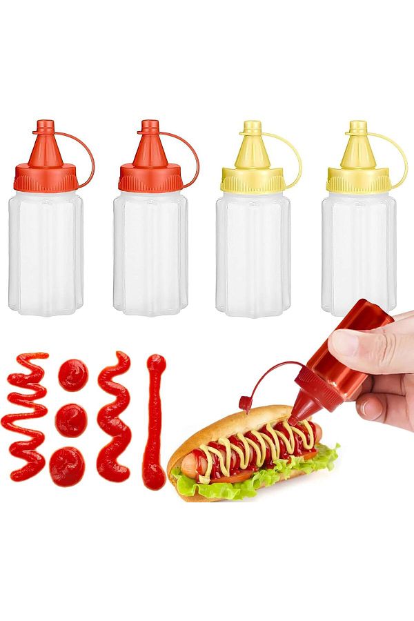 Generic-Azonee 4 Pieces Mini Condiment Bottles, 30ml Small Ketchup and Mustard Bottle, Tiny Plastic Salad D 1