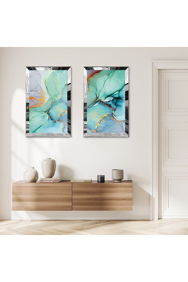 Zevahir Mobilya Dekorasyon-Silver Mirrored Plexi Frame with White Background Water Green Abstract Waves Double Mdf Table Set 1