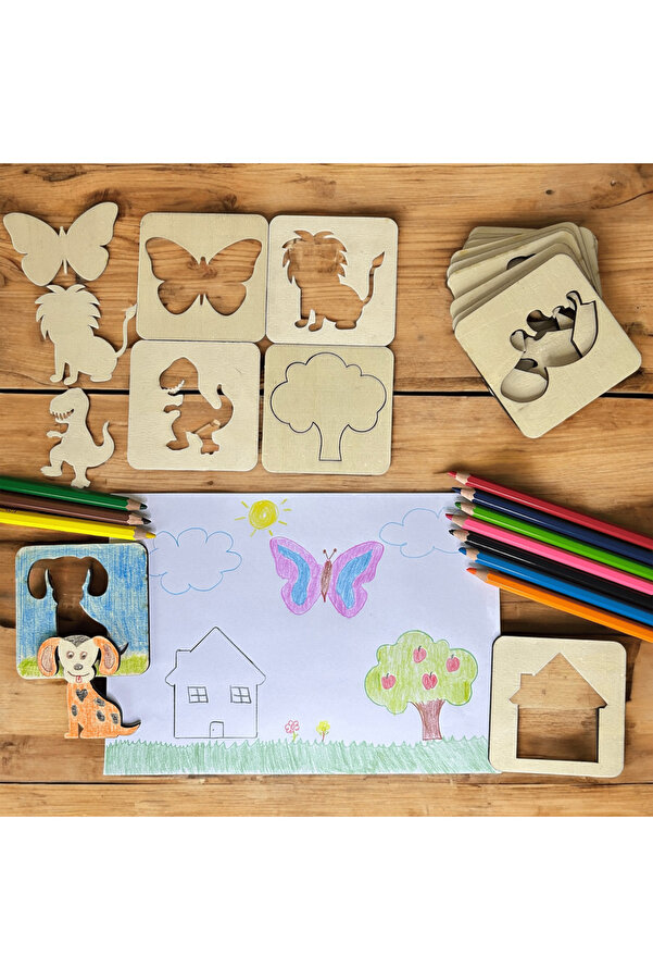 antiola Çizim Boyama Resim Eşleştirme Kartları, 15 Adet Şablon, +3 Yaş Montessori Ahşap Oyuncak