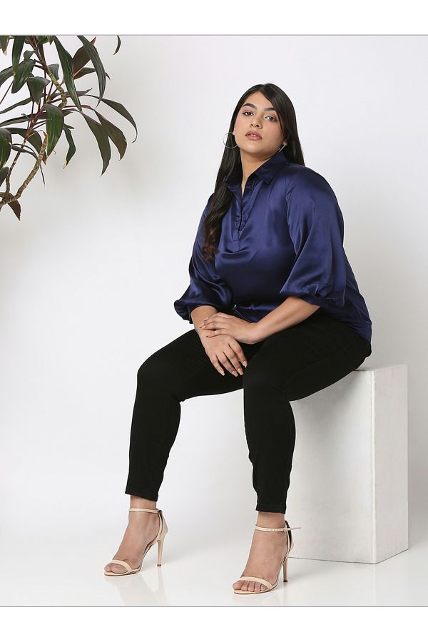 Mish By Styli-Satin Bishop Sleeves Collared Shirt 1