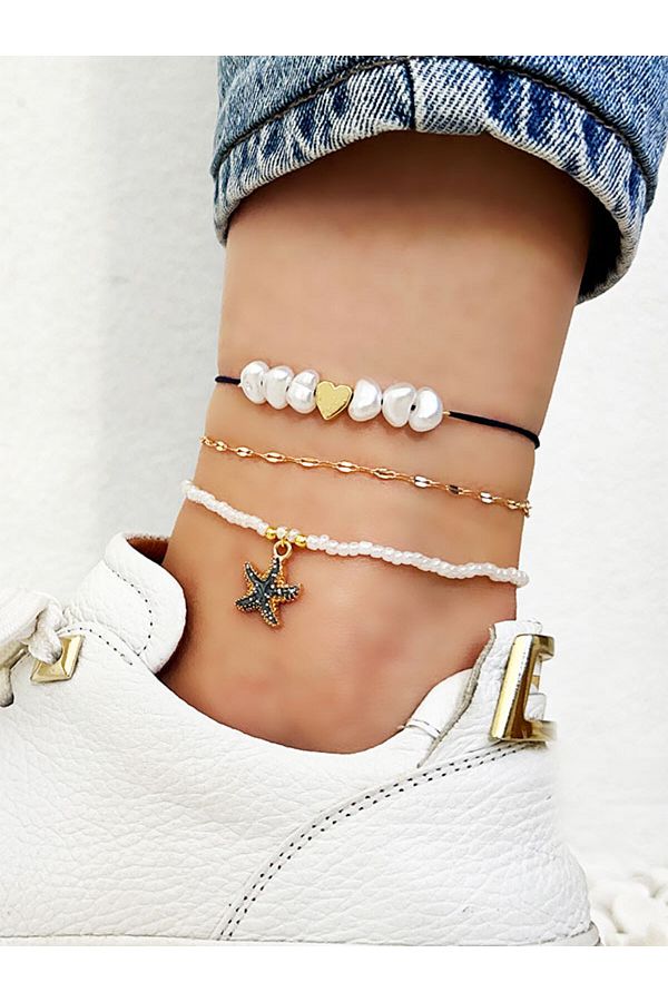 NevoAccessory-Starfish Charm Anklet with Chain and String Set of 3 1