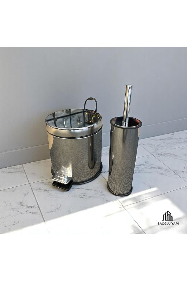 İSAOĞLU YAPI-Bathroom Dustbin Toilet Bowl Brush Set Stainless Material Bucket and Brush with Lid 1