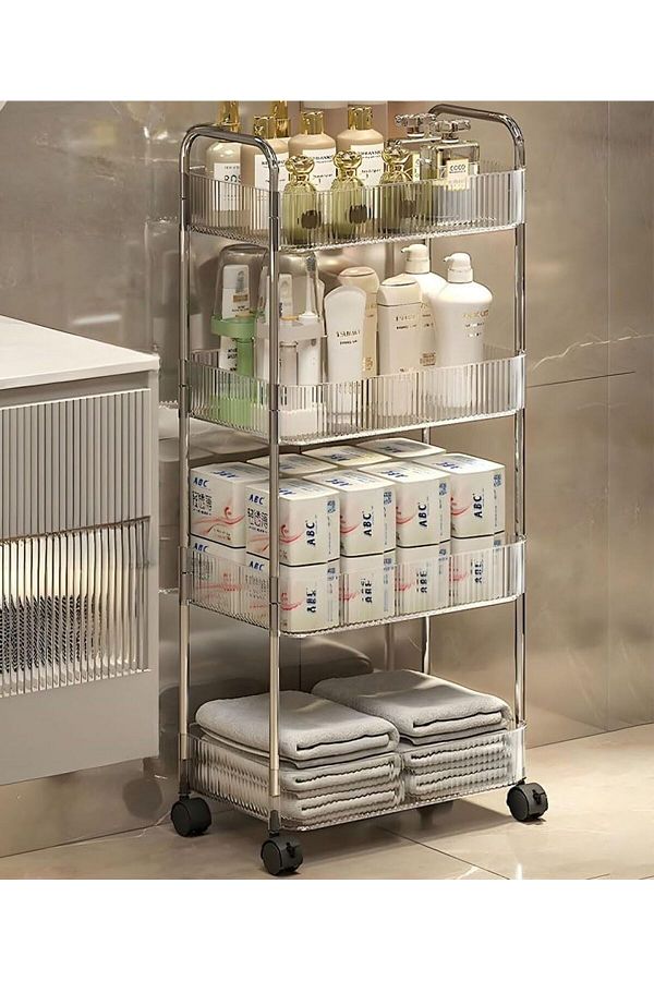 Generic-4-Tier Rolling Storage Cart, Multifunctional Transparent Storage Organizer Cart, Movable Shelf Slid 1