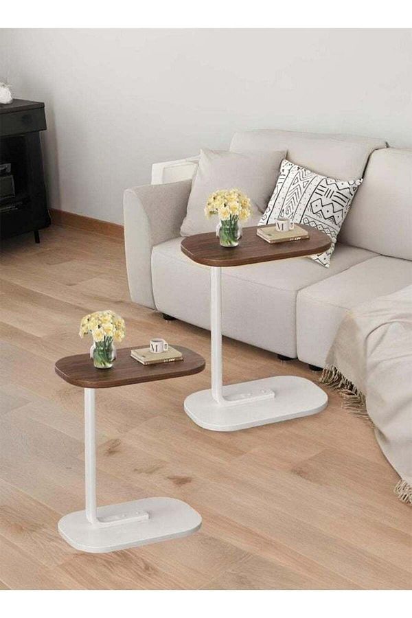 Taimi-2 pieces C-Shaped Side Table Elegant Design with Metal 45x30x60cm - Brown Color With White Frame 1