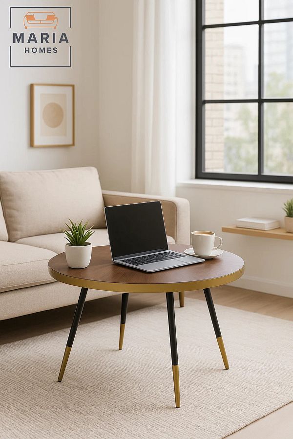 MARIA HOMES-Modern Round Coffee Table Walnut Top with Gold Trim & Black Legs for Stylish Living Rooms 1
