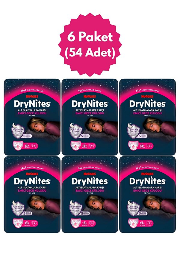 DryNites Huggies Drynites Kız Emici Gece Külodu 13+ Yaş 48-60 Kg 6 Paket(54 Adet)